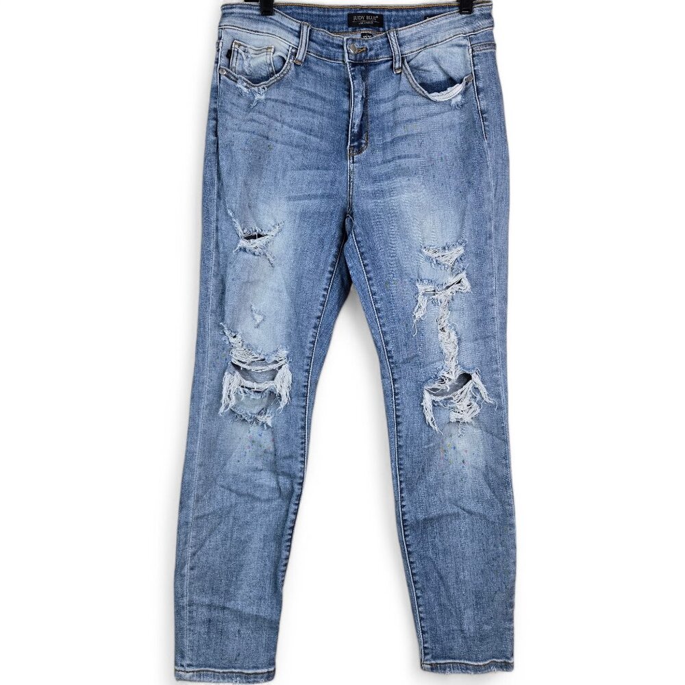 Judy Blue Jeans Womens 13/31 Boyfriend Fit Distressed Paint Splatter Stretch
